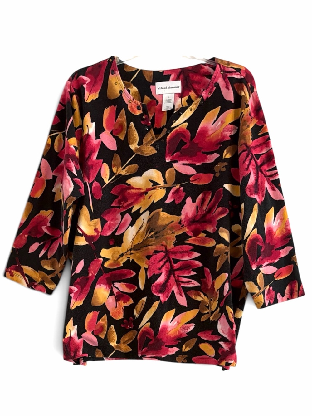 Alfred Dunner Fall Leaf Print Embellished Top Cotton Split Hem Size L